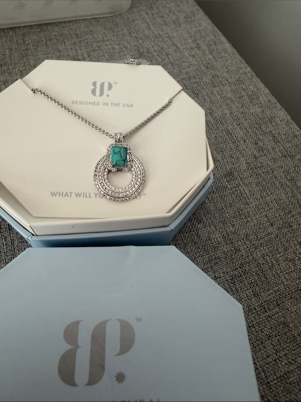 bp Silver-Tone Double Hoop Necklace with Turquoise Stone